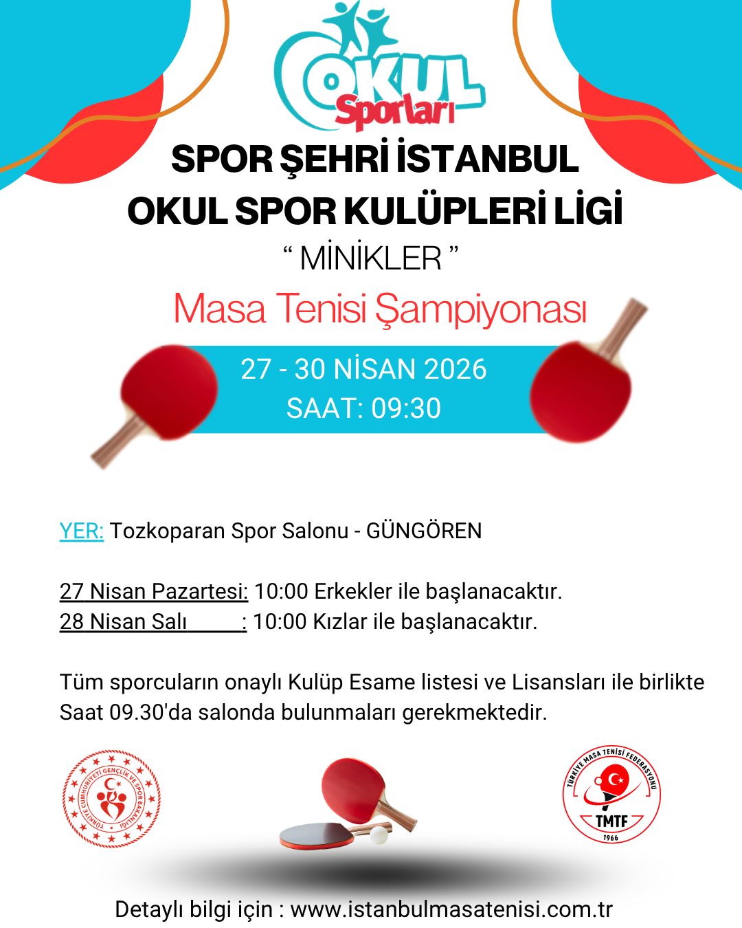 Spor Şehri İstanbul Okul Spor Kulüpleri Ligi Minikler Masa Tenisi Şampiyonası Yapılacaktır