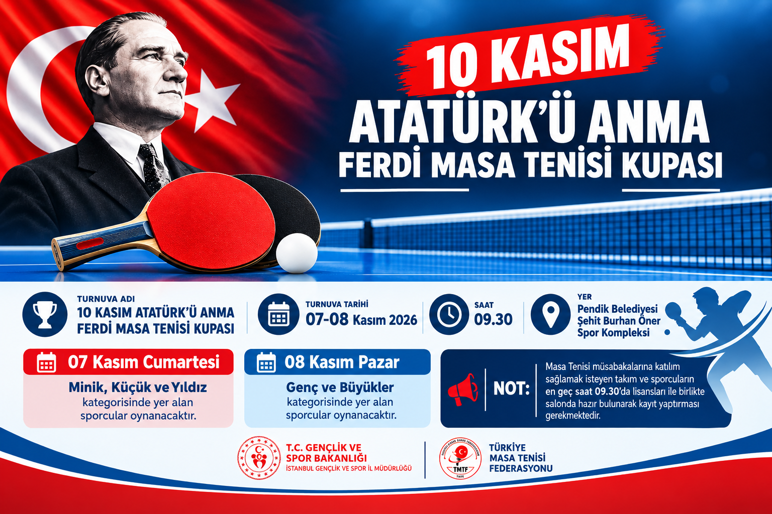 10 Kasım Atatürkü anma ferdi masa tenisi kupası